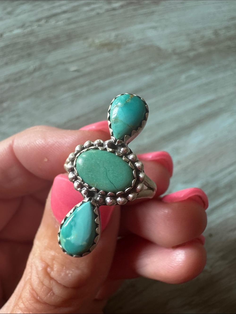 Sterling Silver Turquoise Three-Stone Ring - Blue-Green